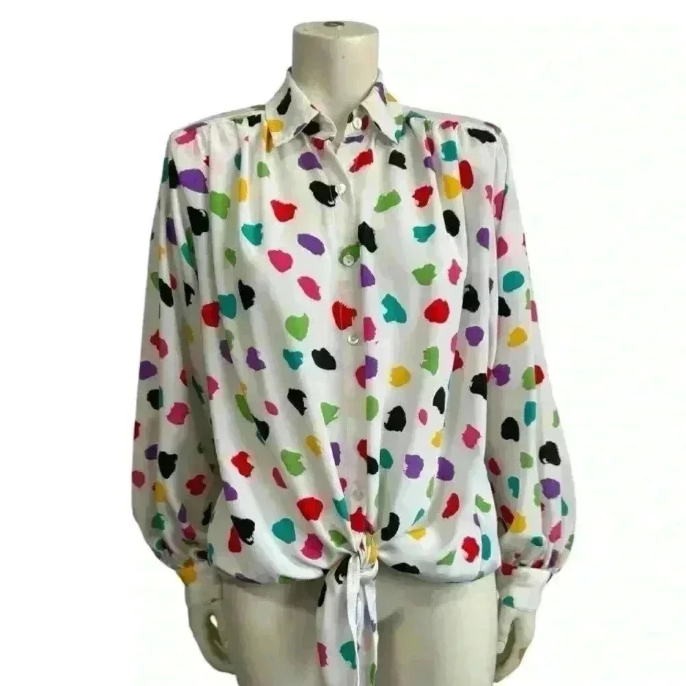 Vintage HELEN FABRIKANT NY Colorful Polka Dot Tie Front Blouse Button Up Small - Picture 3 of 11